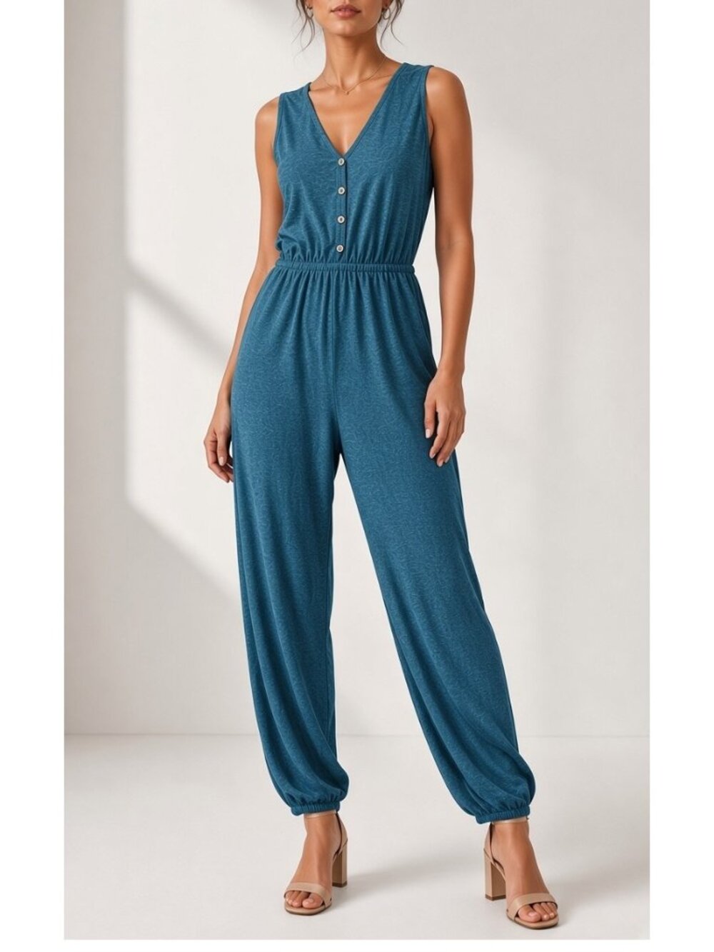 Earthbound Trading Co. Tank Tank Jumpsuit Sz M Heathered Teal Cinch Waist Ankle